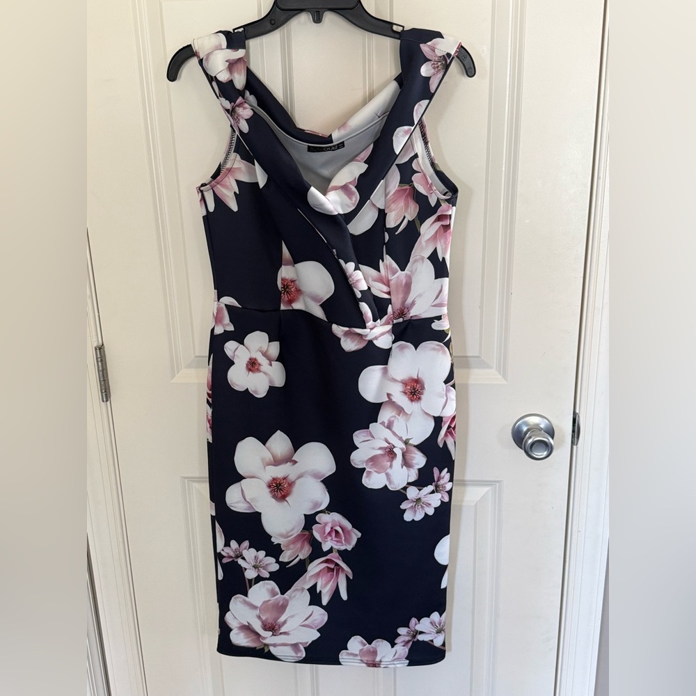 Navy Blue Midi Sheath Dress with Pink & White Floral Print
